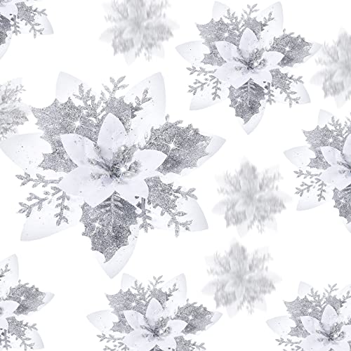 24 Christmas Glitter Artificial Poinsettia Flowers Xmas Poinsettia Artificial Wedding Flowers Decorations Xmas Tree Ornaments with Clips for Party Favors, 6 Inch, 4 Inch, 3 Inch (Silver and White)