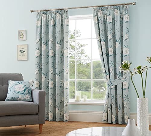 "Dreams & Drapes - Duck Egg Floral Curtains W90 x L90"" (229 x 229cm) - 2x Panels - 100% Cotton - 2x Tie Backs - White Flowers Pencil Pleat Curtains & Drapes for Bedroom/Living Room - Vintage Curtains"