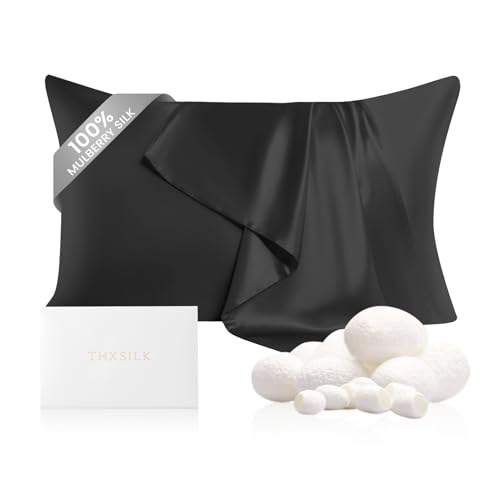 "THXSILK Mulberry Silk Pillowcase for Hair and Skin, 100% Mulberry Silk Bed Pillowcase 22 Momme, Soft and Breathable Silk Pillow Case with Hidden Zipper, King Size Pillow Case 20"" 36""(Black)"