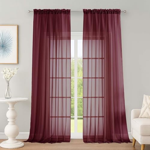 "OWENIE Sheer Curtains 2 Panels Set for Bedroom Living Room, Soft Solid Rod Pocket Light Filtering Window Treatment, 2Pcs Each 59"" W x 96"" L, Burgundy Wine"