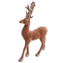Christmas Velvet Reindeer Figurine 35cm - Dusky Brown Flocking Deer Ornament with Sequin Glitter Antlers - Festive Table Decoration for Mantel, Shelf, Centerpiece and Home Décor
