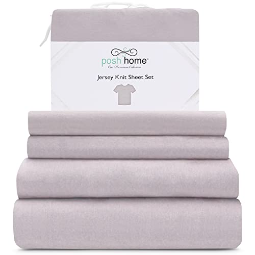 Posh Home Full Size Jersey Knit Sheet Set, 4-Piece - Soft & Breathable All-Season Cotton Blend with Deep Pockets - Flat Sheet, Fitted Sheet & 2 Pillowcases - Lilac Haze