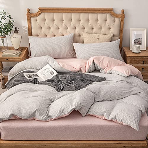 PURE ERA Jersey Knit Duvet Cover Set 100% T-Shirt Heather Cotton Super Soft Comfy Classic Striped Design, with Zipper Closure, Grey Light Pink Pinstripe, King