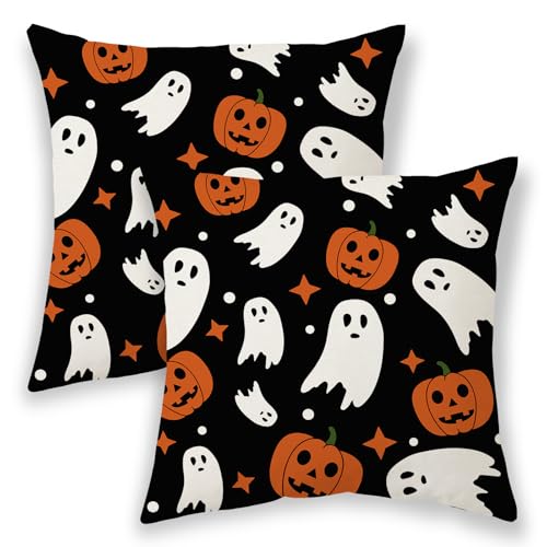 Halloween Pillow Covers 22x22, Cream Spooky Ghost Black Decorative Throw Pillows for Couch, Burnt Orange Pumpkin Decor Cushion Cover 2 Pcs Autumn Fall Outdoor Linen Pillowcase for Bed Car Safa
