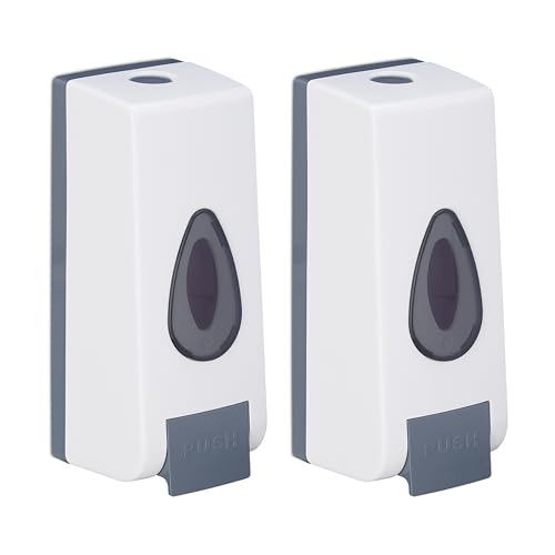 Relaxdays Wall-mounted Soap Dispenser, Set of 2, Refillable, 350 ml Volume, Manual, HxWxD: 19 x 8 x 8 cm, White/Grey