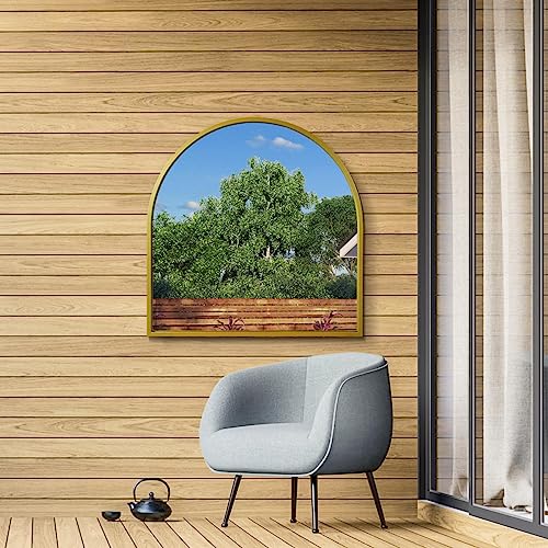 "MirrorOutlet The Arcus - Gold Framed Modern Full Length Arched Garden Wall Mirror 39"" X 39"" (100CM X 100CM) Silver Mirror Glass with Black All weather Backing."