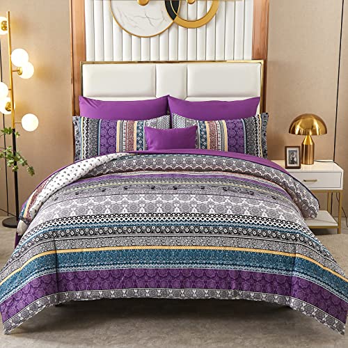 Cottolester Boho Comforter Set Full Size 8 Piece Bed in a Bag Bohemian Striped Bedding Quilt Set Purple Paisley Floral Comforter and Sheet Set,Soft Microfiber Complete Bedding Sets for All Season
