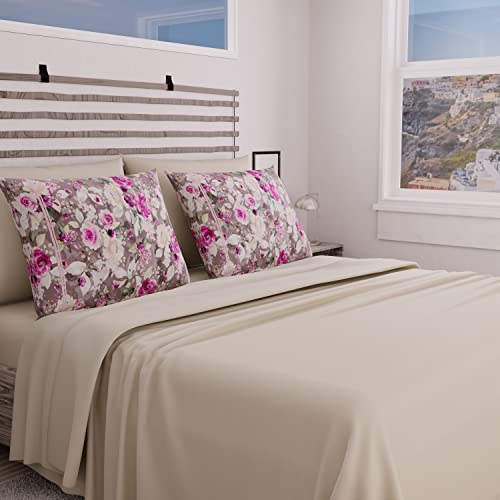 PETTI Artigiani Italiani - Complete Bed Set, Double Sheets, Grey Flower Sheets, Double Bed Set, Print only on Pillowcases 100% Made in Italy