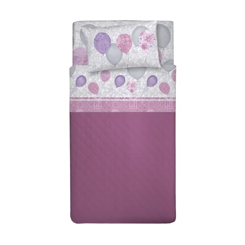 PENSIERI DELICATI Single Bed Sheet Set, 100% Cotton, 90 x 200 cm Single Bed Sheet Set, Includes Bottom Sheet, Top Sheet and 1 Pillowcase, Made in Italy, Pink Balloons Pattern