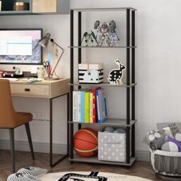 Furinno Turn-N-Tube Toolless Assembly 5-Tier Storage Shelves, Grey Book Shelf, Open Storage Bookshelf, for Organization and Storage, Living Room, Home Office, Bedroom, Grey Oak
