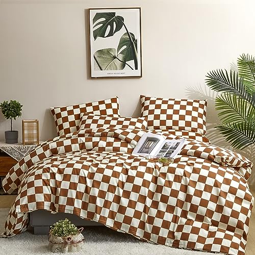 Houseri Brown and White Plaid Comforter Set Full Caramel Brown Grid Bedding Comforter Full Size Teen Boys Checkerboard Comforters Sets Girls Elegant Buffalo Checkered Gingham Full Comforter Comfy Soft
