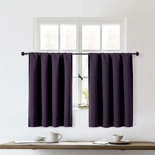 OWENIE Sally Short Blackout Curtains 36 Inch Length 2 Panels Set, Half Window Rod Pocket Privacy Room Darkening Curtain Tiers for Kitchen Bathroom, 2 Pcs Each W40 x L36 Inch, Dark Purple