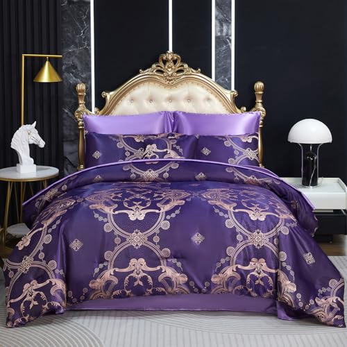Purple Jacquard Comforter King Bedding with Satin Sheet Set Royal Embroidery Neoclassical Floral Home Decor Soft Luxury Hotel Bed in a Bag 8 Pcs