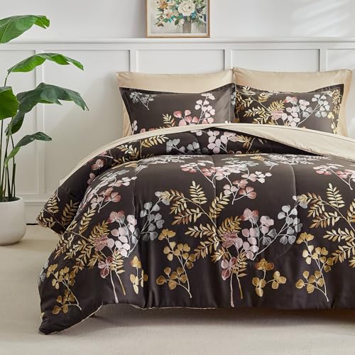 AIKASY Bed in a Bag 7 Pieces Queen Size - Floral Print - Soft Microfiber, Reversible Bed Comforter Set (1 Comforter, 2 Pillow Shams, 1 Flat Sheet, 1 Fitted Sheet, 2 Pillowcases)???Black, Queen???