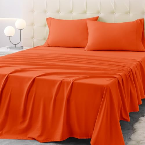 Homilay King Size Terracotta Bed Sheet Set - 4 Piece Soft Microfiber Sheets with Deep Pockets, Cooling Technology, and Wrinkle-Free Pillowcase. Hotel-Quality, Durable Bedding, Bright Orange