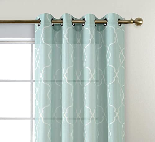 MIUCO Moroccan Embroidery Semi Sheer Curtains Faux Linen Grommet Panels for Living Room 52 x 84 Inch 2 Panels Set, Subtle Green