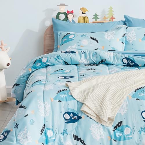 SLEEP ZONE Kids Bedding Comforter Set Full/Queen Size - Super Cute & Soft Kids Bedding 7 Pieces Set with Comforter, Sheet, Pillowcase & Sham (Little Fish)