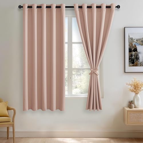 JIUZHEN Blush Pink Blackout Curtains with Tiebacks Thermal Insulated, Light Blocking and Noise Reducing Grommet Curtains for Bedroom and Living Room, Set of 2 Window Curtain Panel, 60 x 63 Inch Length