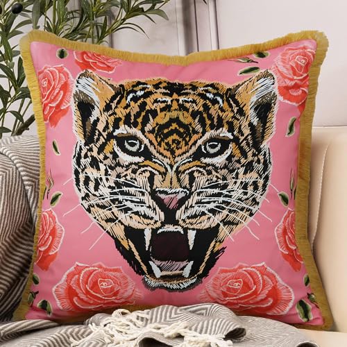 Tiger Floral Velvet Decorative Throw Pillow Cover 18x18 In Pink Pillow Covers Flower Animal Print Tiger Cushion Cover with Tassels Modern Decor Square Pillowcase for Sofa Couch Bedroom Living Room