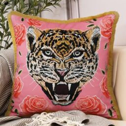 Tiger Floral Velvet Decorative Throw Pillow Cover 18x18 In Pink Pillow Covers Flower Animal Print Tiger Cushion Cover with Tassels Modern Decor Square Pillowcase for Sofa Couch Bedroom Living Room