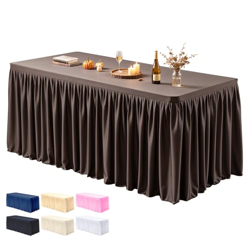 PARTISKY 1 Pack Chocolate Tablecloths for Rectangle Tables 8ft, Wrinkle Resistant Spandex Table Cover Fitted Stretch Table Cloth with Pleated Ruffle Skirts for Party Banquet Dining Birthday Wedding