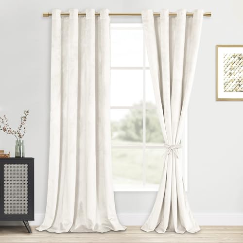 DWCN Ivory Velvet Curtains 96 inches Long - Elegant Thermal Insulated Noise Absorb Tieable Grommet Curtains Warm Soft Texture Privacy Drapes for Bedroom/Living Room/Farmhouse Style W52 x L96, 1 Pair