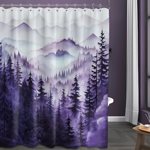 QGHOT Foggy Mountain Shower Curtain Sets, Nature Woodland Forest Cabin Shower Curtains for Bathroom Waterproof Pine Tree Bathroom Decor for Men, Polyester Fabric with Hooks (Purple,84x72in)