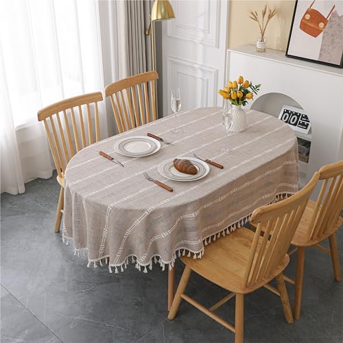 Gernaice Rustic Stripe Embroidered Oval Tablecloth Heavy Tassel Cotton Linen Table Cloth Wrinkle Free Washable Table Cover for Kitchen Dinning Party Holiday Brown 53x70 Inch