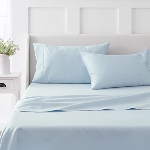 "MARTHA STEWART 100% Cotton Full Size Sheet Set - 4 Piece, Soft, Smooth, Durable, Easy Care, 16"" Deep Pocket Sheets, Bedding Sheets, Sateen Sheets, 1 Flat, 1 Fitted, 2 Pillowcases, Light Blue"