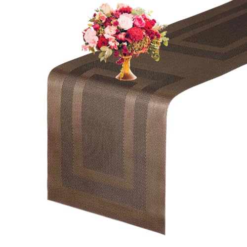 GIVERARE Table Runner, 12x107in Heat-Resistant Woven Vinyl Long Tabletop, Non-Slip Washable PVC Table Runners, Easy to Clean Premium Plastic Dresser Cover for Wedding, Decor, Home (Brown)
