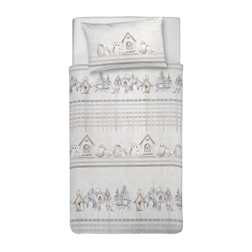 PENSIERI DELICATI 100% Cotton Single Duvet Cover Set, 155 x 200 cm and 1 Pillowcase 52 x 82 cm, Made in Italy, Duvet Cover Machine Washable At 40 Degrees, Beige Owls Design
