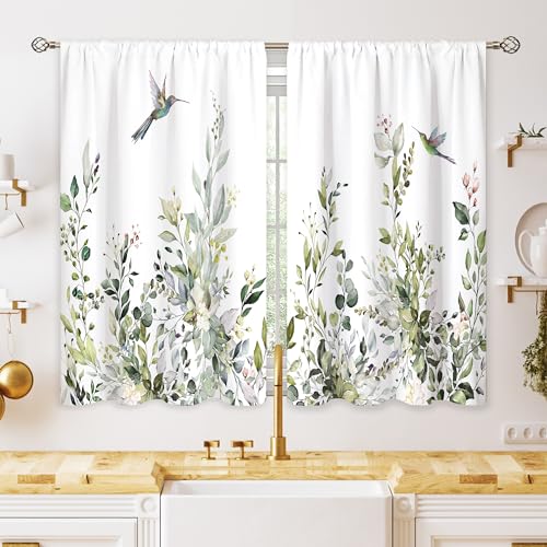 oolygoo Sage Mint Green Eucalyptus Botanical Leaves Floral Kitchen Window Curtains Flower Leaf Small Hummingbird Window Treatment Cafe Short Curtains for Bathroom Treatment Tier Drapes 27.5x39inch