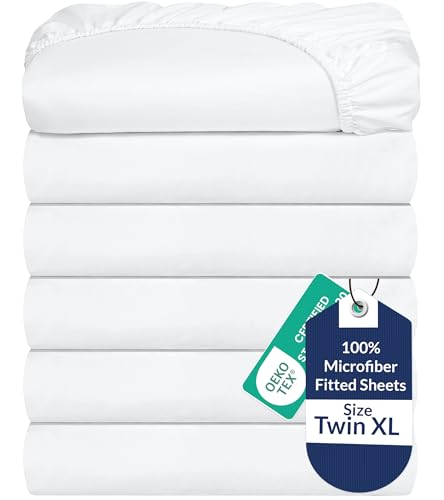 "Royale Linens 6 Pack Twin XL Fitted Sheet Set - Bottom Sheet - Soft & Breathable - Brushed 1800 Microfiber - Wrinkle & Stain Resistant - Hotel Quality Deep Pocket Stretches Up to 16"" (Twin XL,White)"
