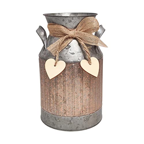"PHILPETY Shabby Chic Classy Designed Brown Milk Can Heart-Shaped Galvanized Finish Metal Vase Country Rustic Primitive Decorative Flower Holder, 8.8"" H"