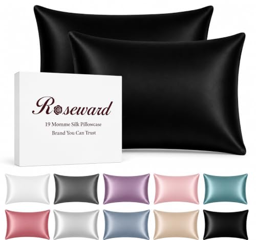 100% Mulberry Silk Pillow Cases Set of 2-Real 19 Momme Silk Pillowcase for Hair and Skin Made in USA-6A Grade, Thread Count 600, Zippered, Anti Wrinkle, Anti Acne (Black 2 Pack, Standard 20''x26'')