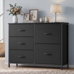 SONGMICS Chest of Drawers, 5 Fabric Drawers Storage Unit, Sturdy Steel Frame, Wooden Top, 98.7 x 30 x 74.7 cm, for Bedroom, Closet, Hallway, Living Room, Ink Black LGS235B101