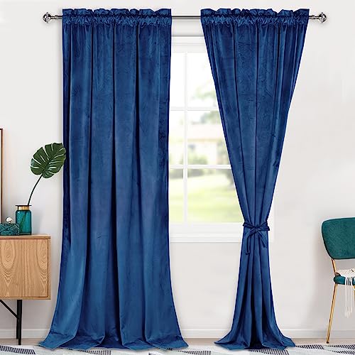 Hiasan Blue Velvet Curtains 108 inches-Blackout Thermal Insulated Solid Soft Curtains for Bedroom Living Room Rod Pocket Room Darkening 2 Panels Window Drapes with Tiebacks, 52W x 108L