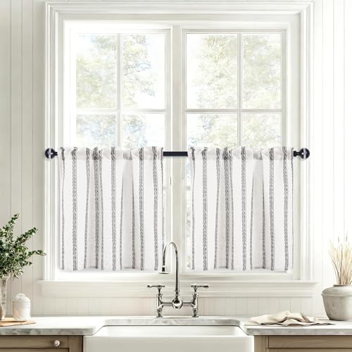 JIUZHEN Striped Linen Kitchen Curtains 2 Panels - Short Tier Drapes with Rod Pocket, Farmhouse Cafe Curtains for Small Windows 24 Inch Length, Wheat Stripe Grey