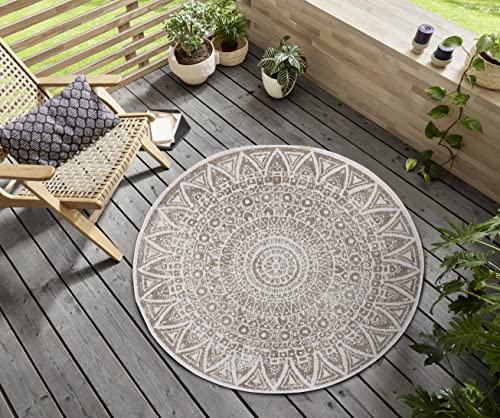 freundin Home Collection Lilja Flat Weave Indoor and Outdoor Reversible Rug Weatherproof Modern Mandala Design Rug for Balcony Patio Garden Conservatory Living Room Rug Waterproof, Diameter 100 cm,