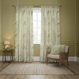 Sanderson Adele Room Darkening Pencil Pleat Curtain Pair – Botanical Floral Peony Lined Chenille Drapes (Sage - 229x183cm)