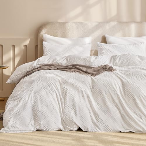 JELLYMONI White Grid Tufted Duvet Cover Set Twin Size - Soft Breathable, Cotton-Like Feel, Storage Bag, 8 Corner Ties & Hidden Zipper, Oeko-Tex Certified