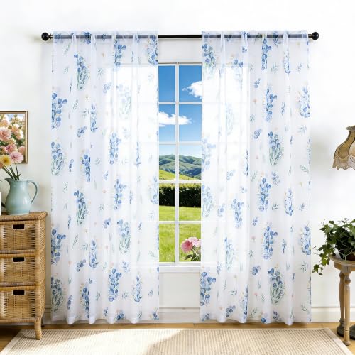 "youleyar Floral Sheer Curtains for Living Room 84 Inches Long 2 Panels White Semi-Sheer Curtain with Blue Floral Printed Pattern Summer/Spring Rod Pocket Voile Drapes for Bedroom, 52"" W x 84"" L"