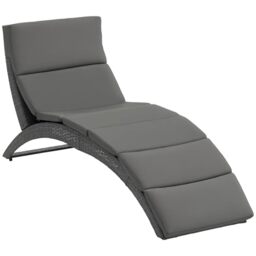Outsunny Outdoor Foldable PE Rattan Sun Lounger with Soft Padded Cushion, Ergonomic Curved Design Sun Bed for Balcony, Garden, Grey