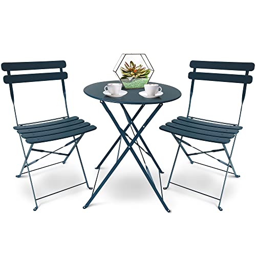 SUNMER Patio Bistro Set 3 Piece with Foldable Table and Chairs - Powder Coated Steel Frame, Easy to Transport, Each Chair can Support 120kg - Ideal for Gardens, Patios, Balconies - Blue
