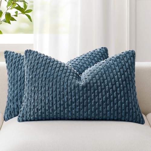 Kevin Textile Pack of 2 Corduroy Decorative Throw Pillow Covers 12x20 Inch Soft Boho Striped Pillow Covers Modern Farmhouse Home Decor for Autumn Sofa Living Room Couch Bed Blue