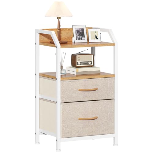 Feonase Bedside Table with 2 Fabric Drawers & Open Shelf - Sturdy Metal Frame Nightstand, Compact End Table for Bedroom, Living Room, Small Spaces, Wooden Top Storage Furniture, Khaki