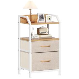 Feonase Bedside Table with 2 Fabric Drawers & Open Shelf - Sturdy Metal Frame Nightstand, Compact End Table for Bedroom, Living Room, Small Spaces, Wooden Top Storage Furniture, Khaki
