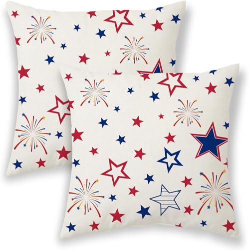 BETGINY 4th of July Pillow Covers 24x24, Memorial Day Patriotic Outdoor Decorative Throw Pillows for Couch, Red Blue Star Decor Cushion Cover 2 Pcs American Flag Linen Pillowcase for Bed Car Safa