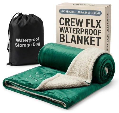 "CREW FLX Waterproof Blanket for Bed Intimacy (40"" x 60"" Small), Reversible Fleece - Sherpa Throw, Water Proof Blanket TPU Stain Proof Couch Furniture Large Dog Bed Cover - Green"