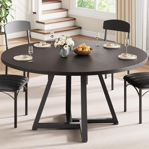 Jocoevol Round Kitchen Dining Table for 4 People, Circle Dinner Table with Metal Frame, Space Saving Wood Industrial Furniture (Black, 47 inch
